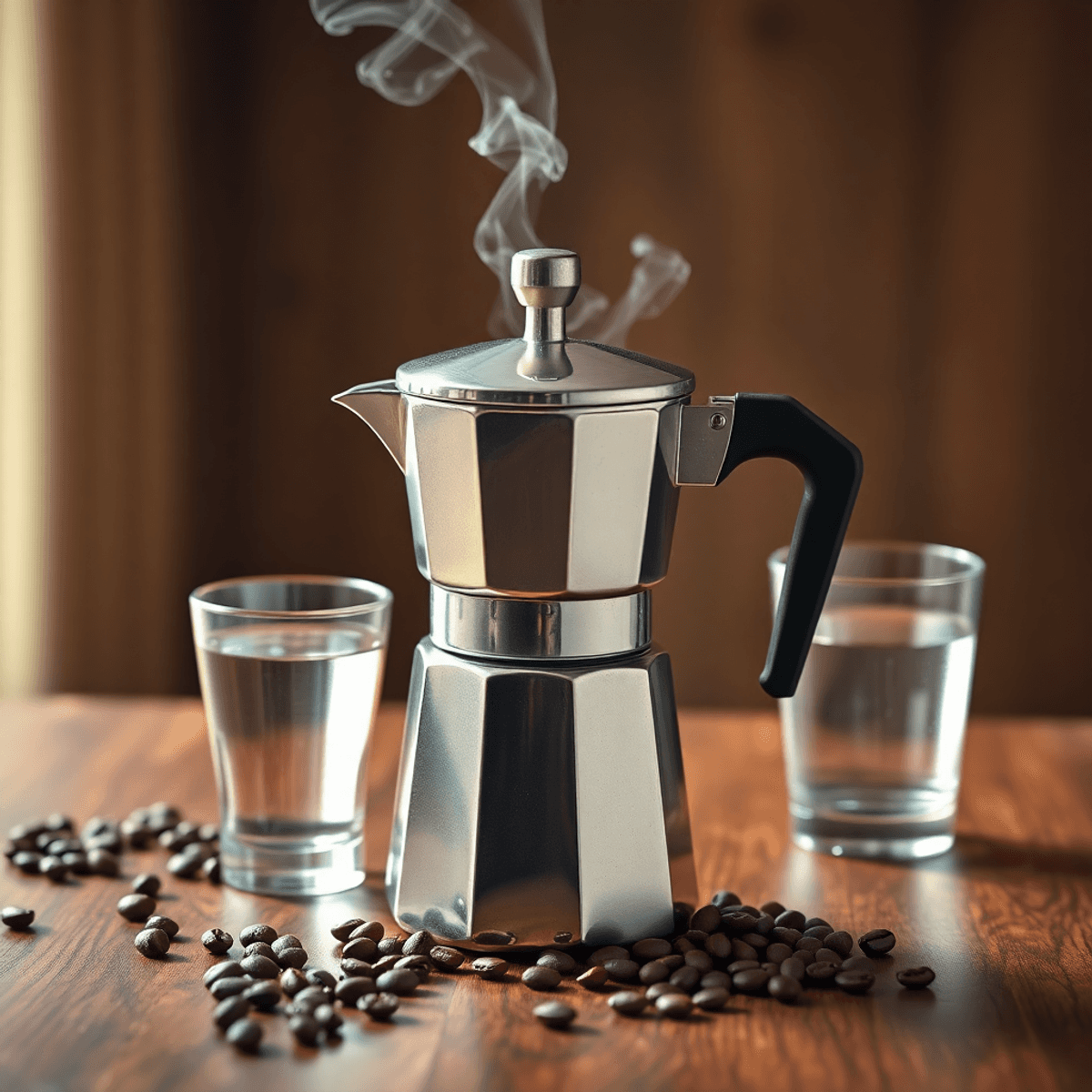 A Moka Pot on a wooden table, steam rising from the spout, surrounded by coffee beans and a glass of water, with warm lighting enhancing the brewed coffee's rich color.